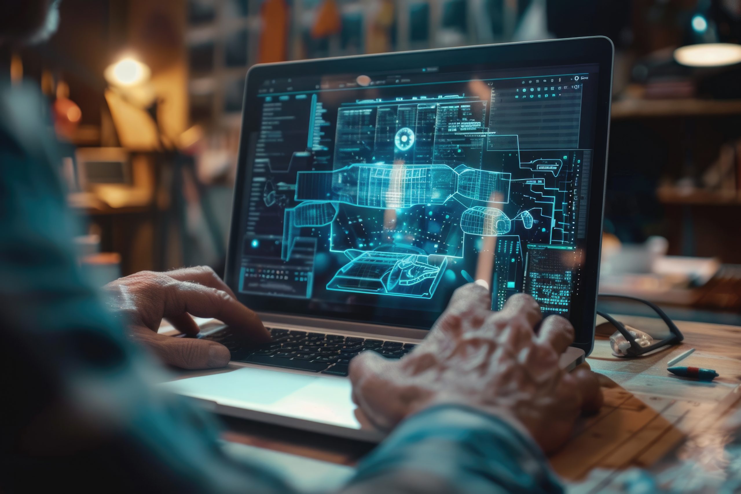designer-moving-hands-working-with-laptop-computer-digital-web-design-diagram-as-concept