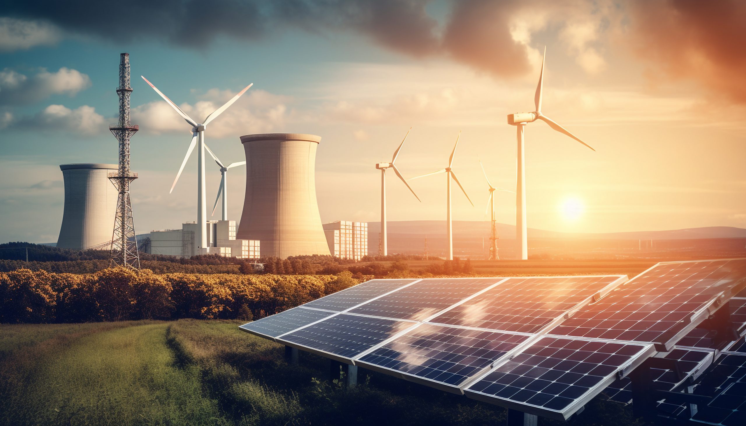 Sunset sky powers wind and solar energy generated by AI
